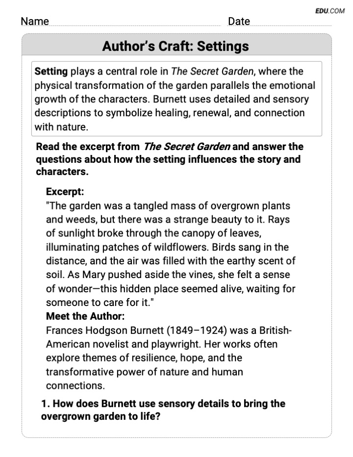 Engaging Author’s Craft Settings Practice Worksheet Grade 7